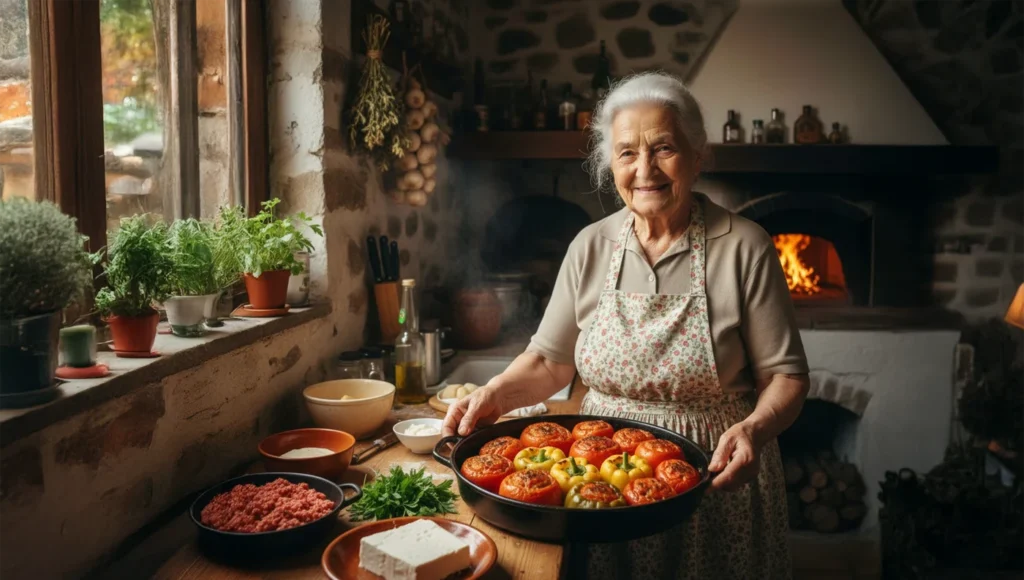 Μια παραδοσιακή Ελληνίδα γιαγιά στην κουζίνα της στην Ελασσόνα, ετοιμάζοντας γεμιστά με φρέσκα υλικά.