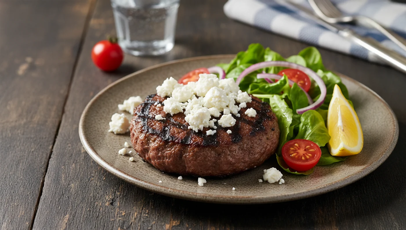 Ζουμερό μπιφτέκι στη σχάρα με λιωμένη φέτα από πάνω, συνοδευόμενο από φρέσκια σαλάτα με μαρούλι, ντομάτα και λεμόνι σε λευκό πιάτο.