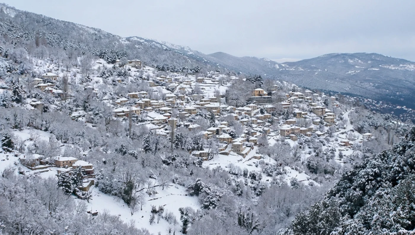 Πινακάτες Πηλίου με πέτρινη στέγη και θέα στο βουνό.