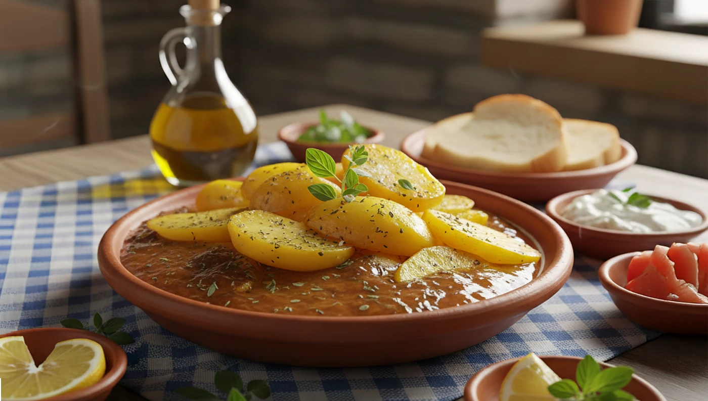 Πιάτο με παραδοσιακές πατάτες ριγανάτες και πλούσια σάλτσα