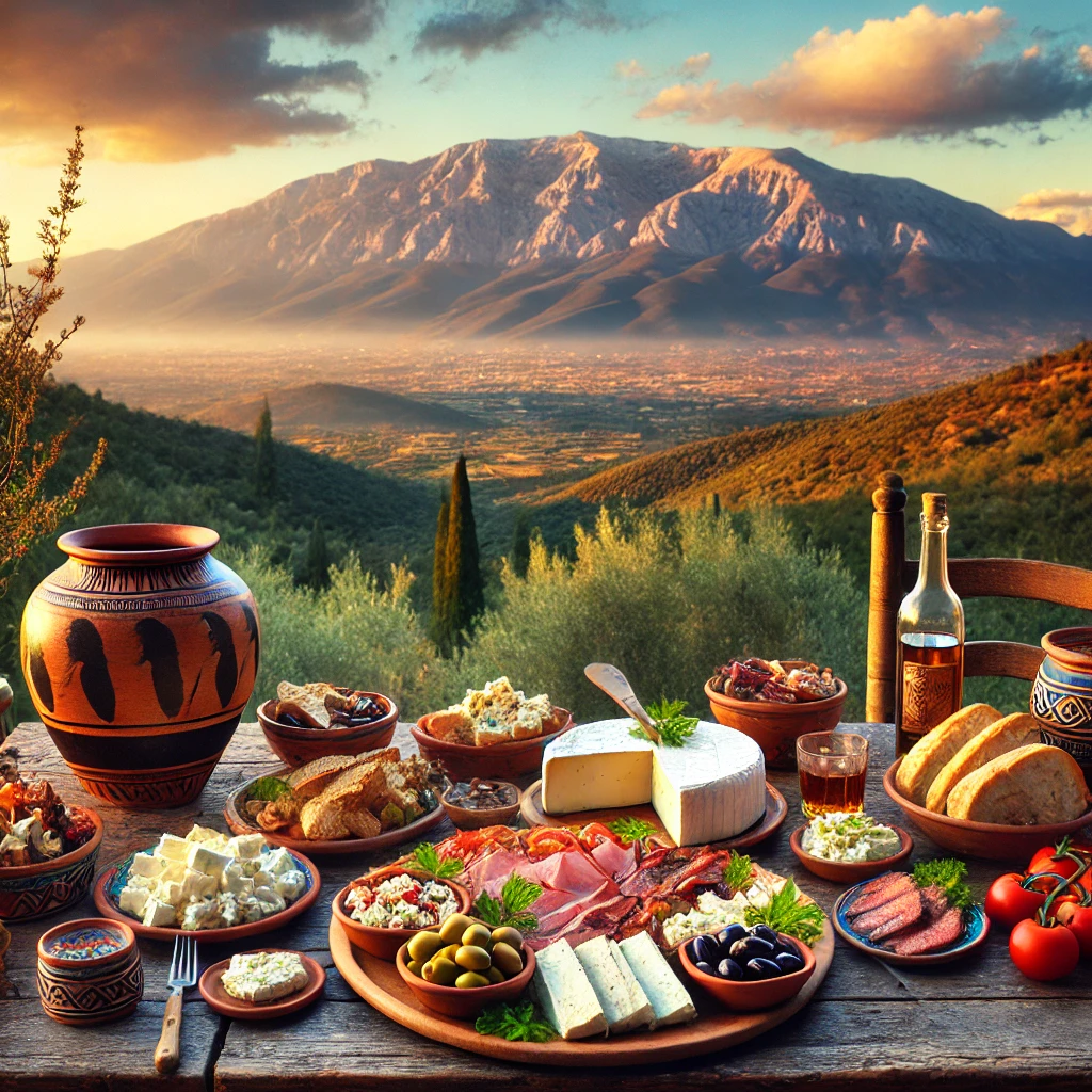Mount Olympus with a rustic wooden table in the foreground displaying traditional Greek dishes such as feta cheese, olives,