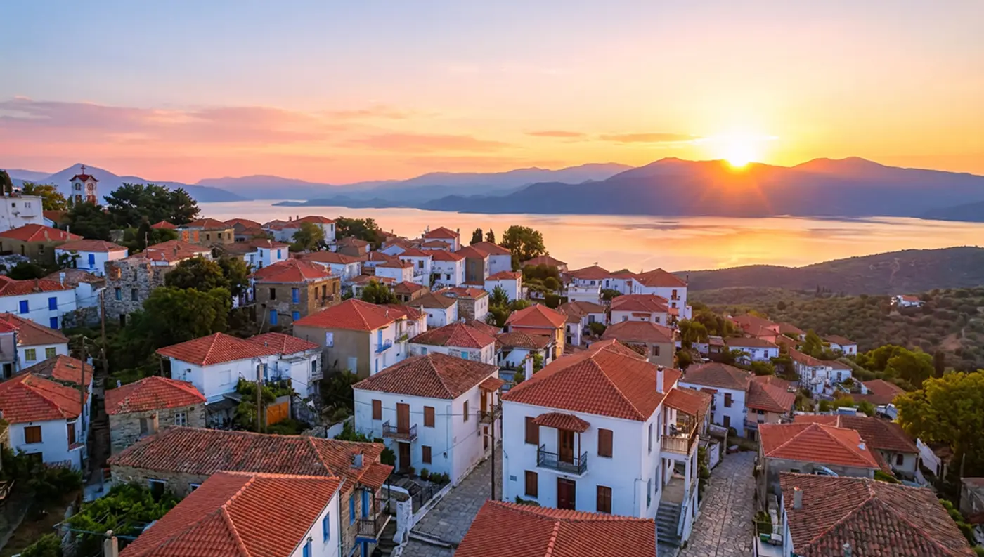 Εναέρια πανοραμική λήψη από drone του οικισμού Τρίκερι στο Νότιο Πήλιο με θέα τον Παγασητικό και την Αγία Κυριακή.