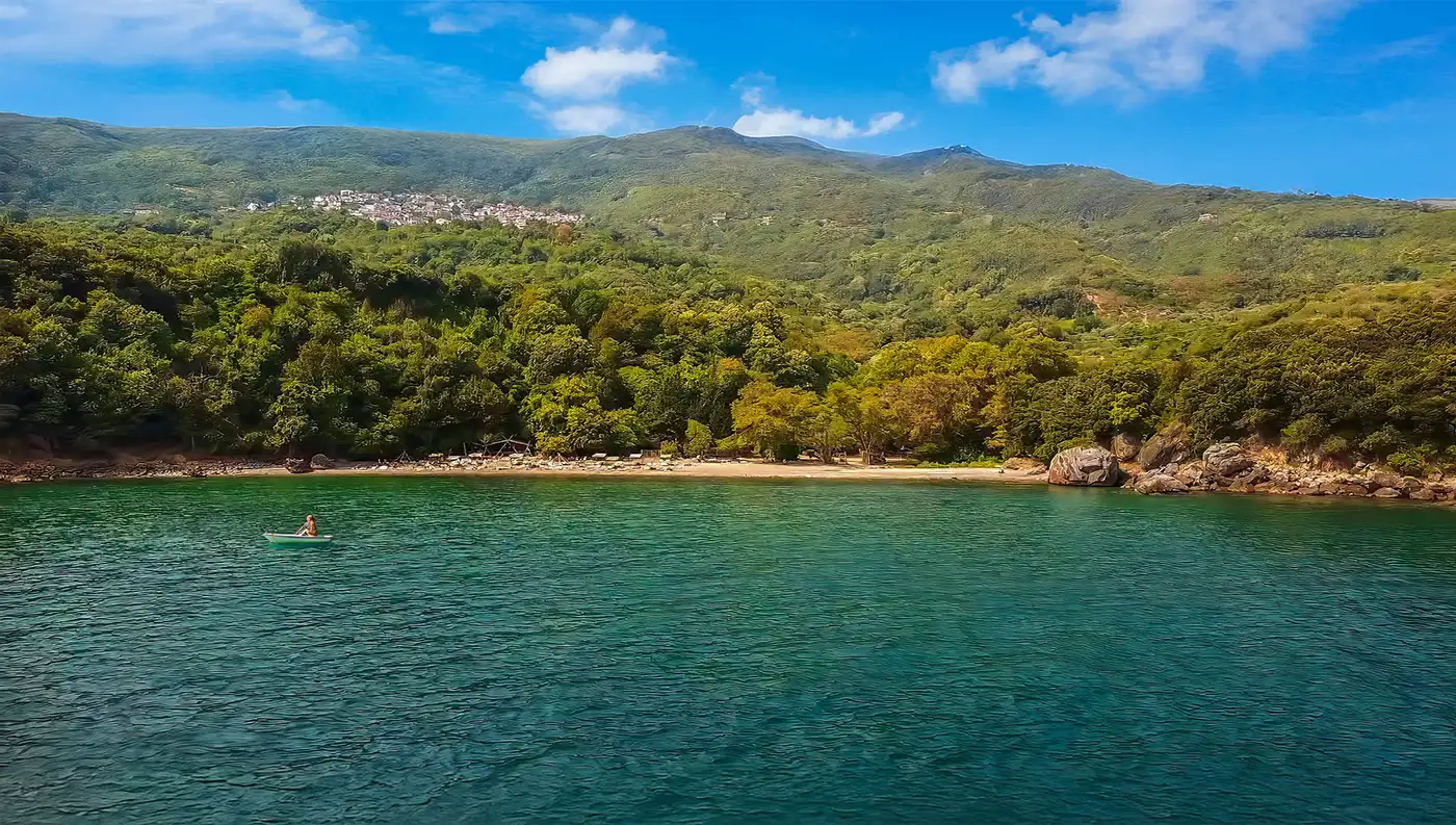Εναέρια λήψη του καταπράσινου κόλπου της παραλίας Ψαρόλακας στην Αγιά Λάρισας με τα σμαραγδένια νερά.