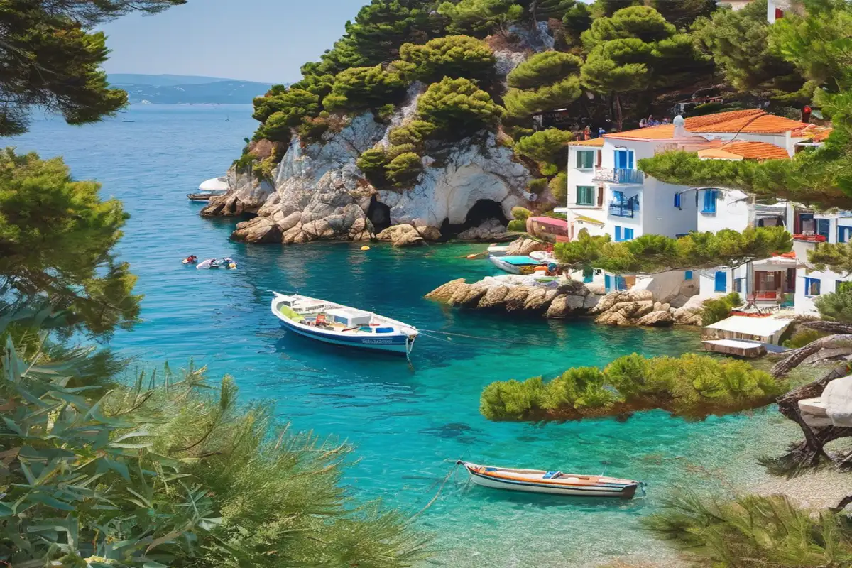 Κρυμμένος παράδεισος στη Σκιάθο με λευκά κτίσματα, βλάστηση και τιρκουάζ θάλασσα.