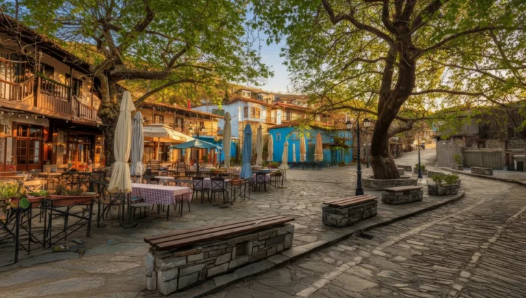 Η πλατεία των Αμπελακίων με τα παραδοσιακά αρχοντικά και τη θέα στον Κίσσαβο
