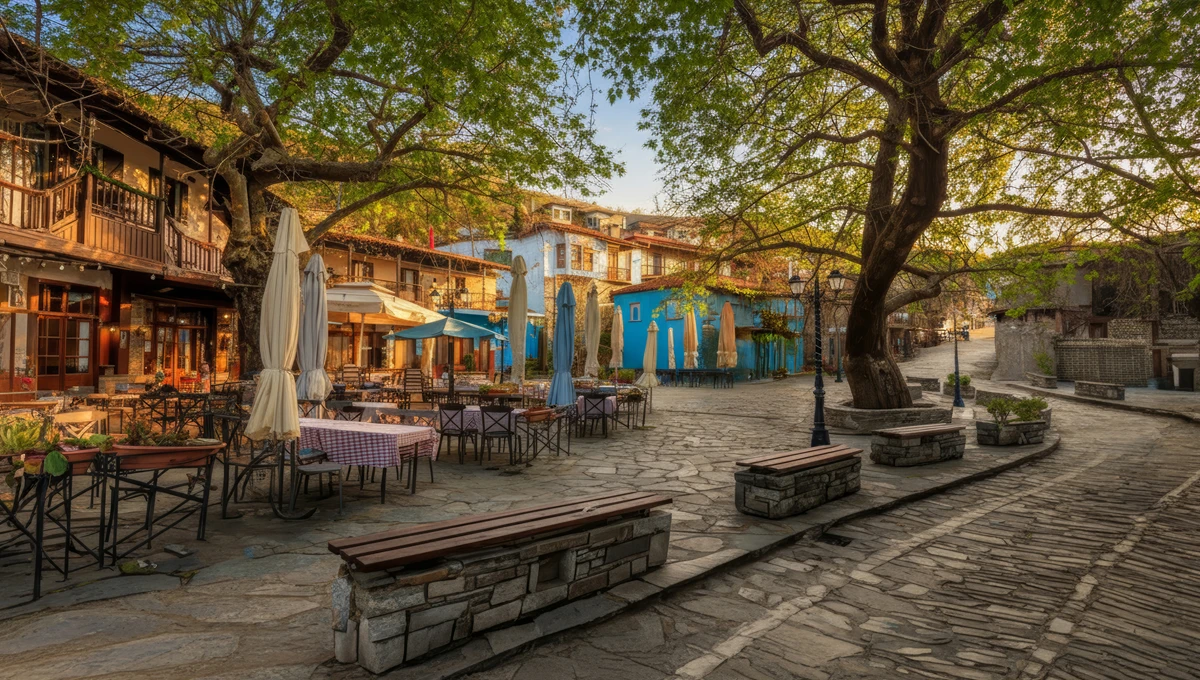 Η πλατεία των Αμπελακίων με τα παραδοσιακά αρχοντικά και τη θέα στον Κίσσαβο