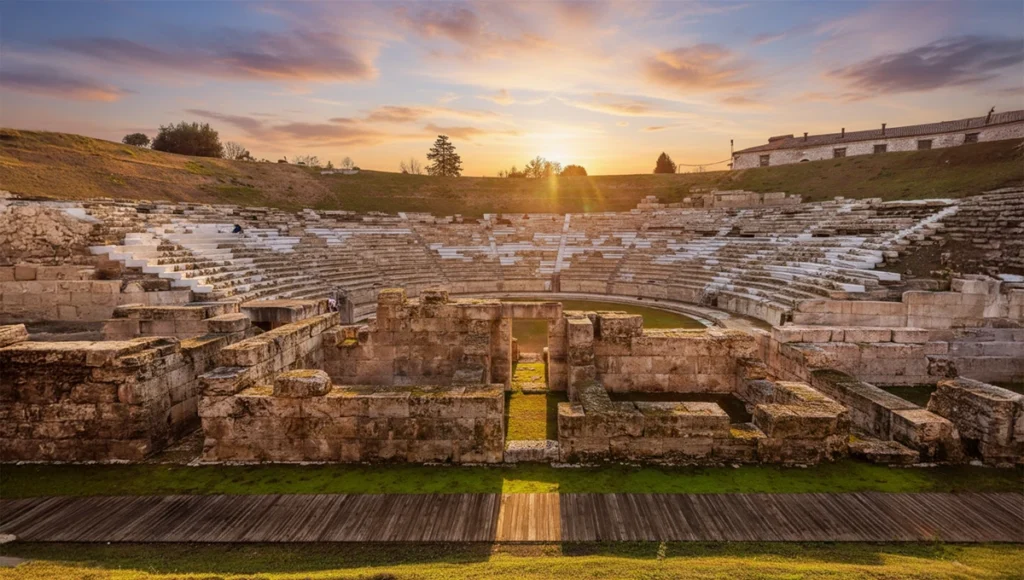 Το Πρώτο Αρχαίο Θέατρο Λάρισας σε ένα μαγευτικό ηλιοβασίλεμα, αναδεικνύοντας την αρχαία του αρχιτεκτονική και τις κερκίδες.