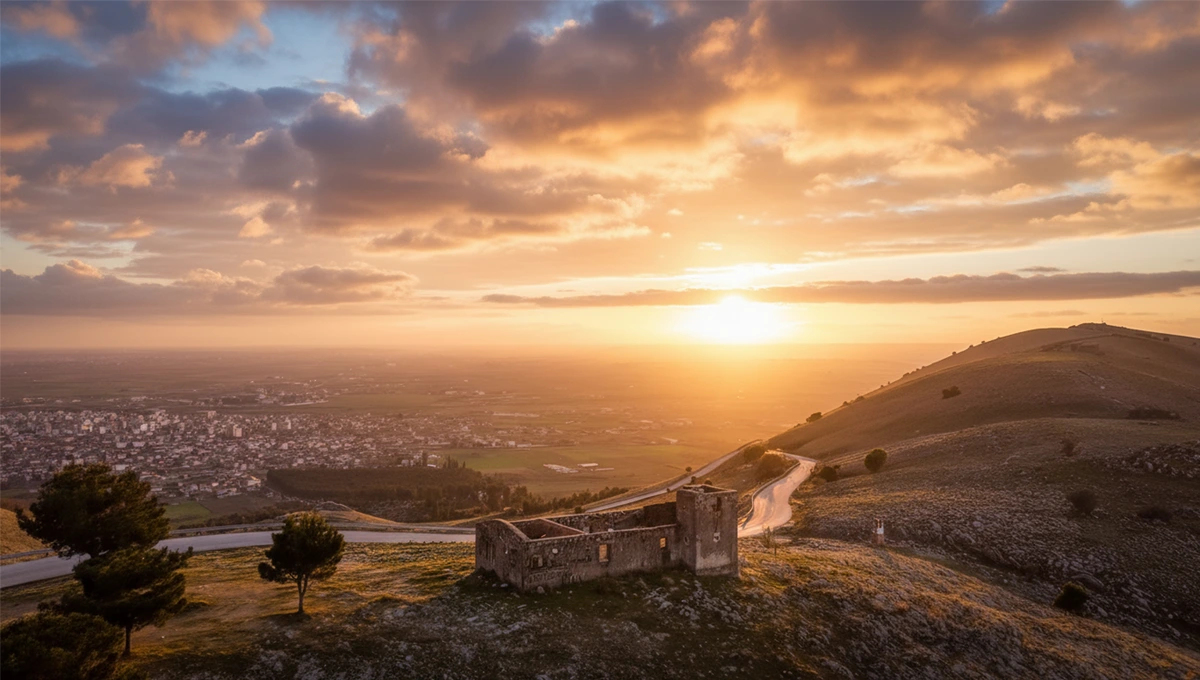 Ερείπια πέτρινου κτίσματος (Καζάρμες Λουσφακίου) σε λόφο, με δρόμο και πανοραμική θέα της πόλης του Τυρνάβου στο βάθος, κατά τη διάρκεια ενός εντυπωσιακού ηλιοβασιλέματος.