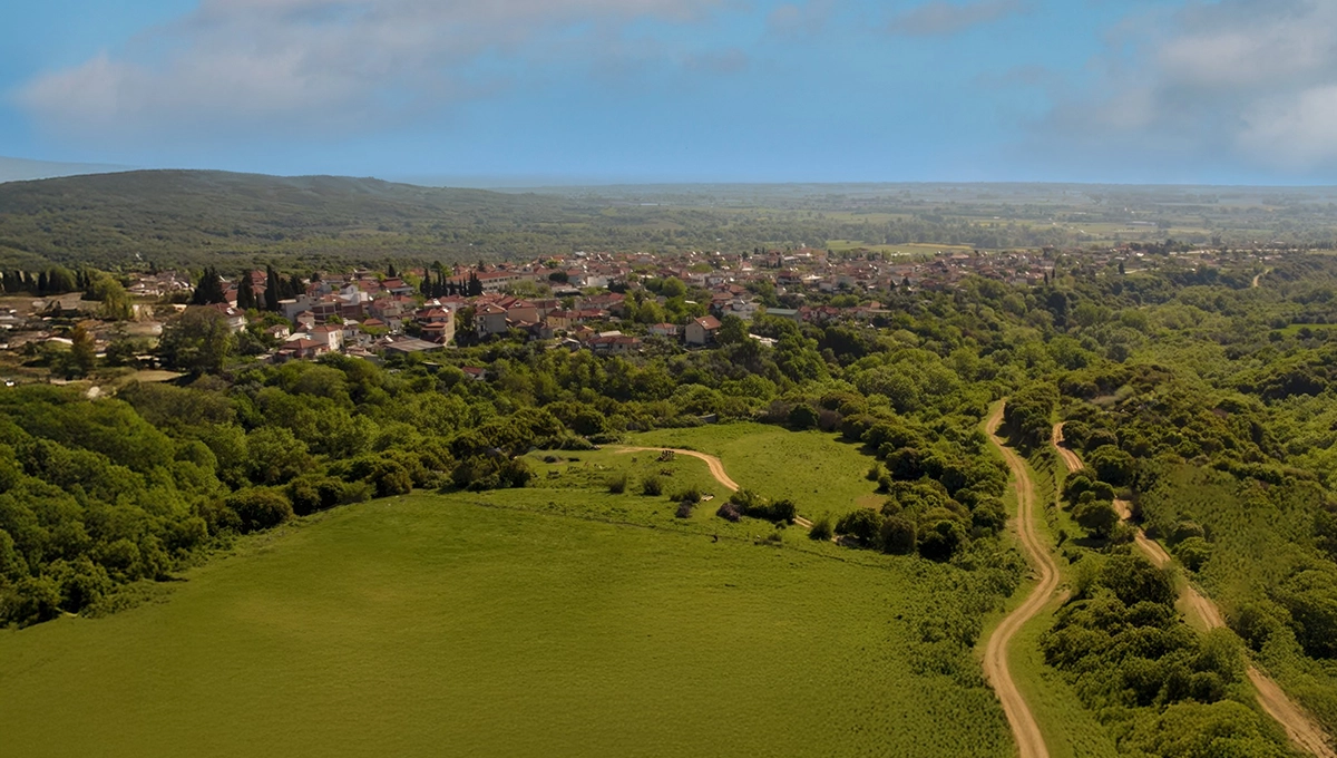 Ευρεία αεροφωτογραφία του χωριού Πυργετός, περιτριγυρισμένου από καταπράσινα δάση και αγροτικές εκτάσεις.