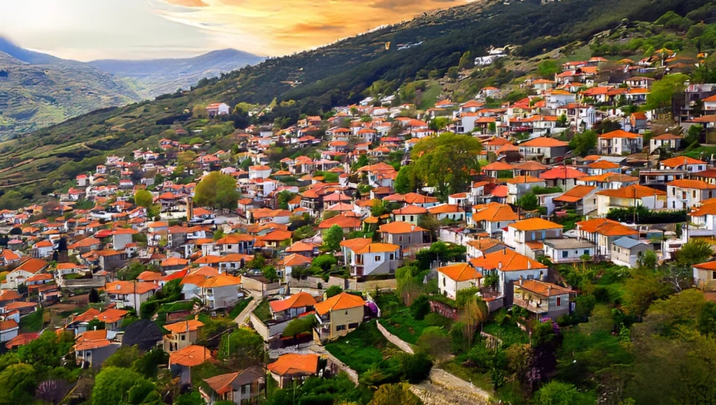 Πανοραμική άποψη του παραδοσιακού οικισμού της Ραψάνης στη Λάρισα, χτισμένου στις πλαγιές του κάτω Ολύμπου.