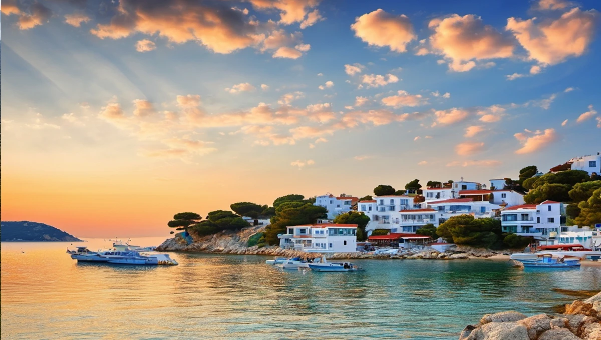 Πανοραμική άποψη της Σκιάθου με το λιμάνι και τα σπίτια στο φόντο