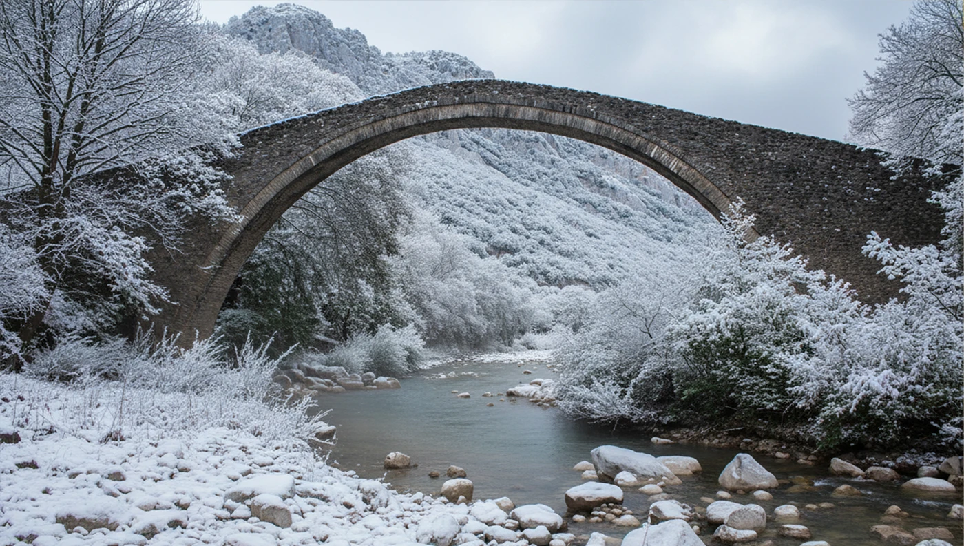 Τοξωτό πέτρινο Γεφύρι Αγίου Βησσαρίωνα στην Πύλη Τρικάλων, καλυμμένο με χιόνι, πάνω από το ποτάμι. Χειμερινό τοπίο.
