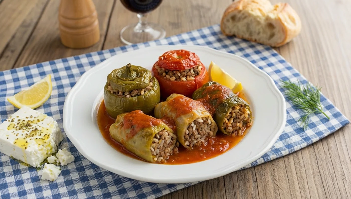 Πιάτο με παραδοσιακά γεμιστά (ντομάτες και πιπεριές) με κιμά και ρύζι.