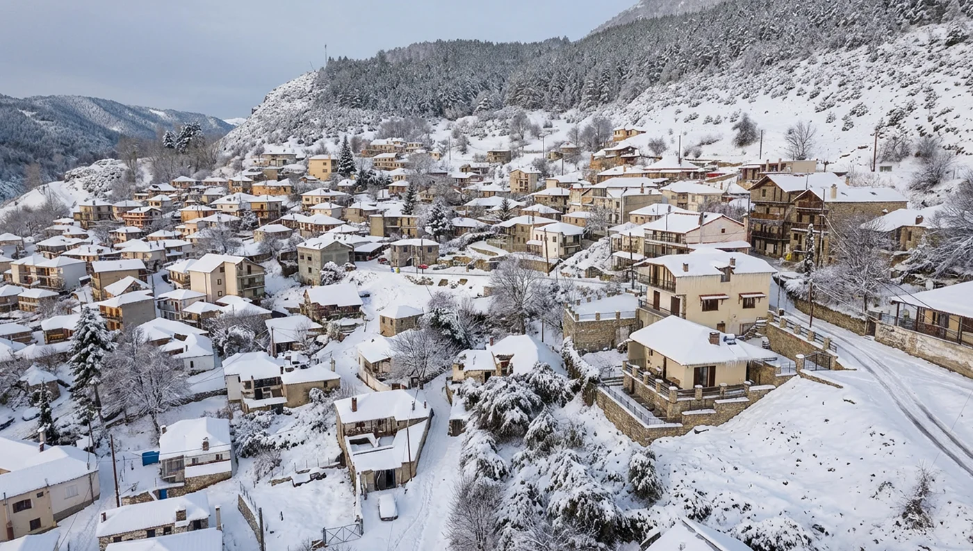 Χιονισμένος Κοκκινοπηλός Ολύμπου με θέα στις κορυφές του βουνού