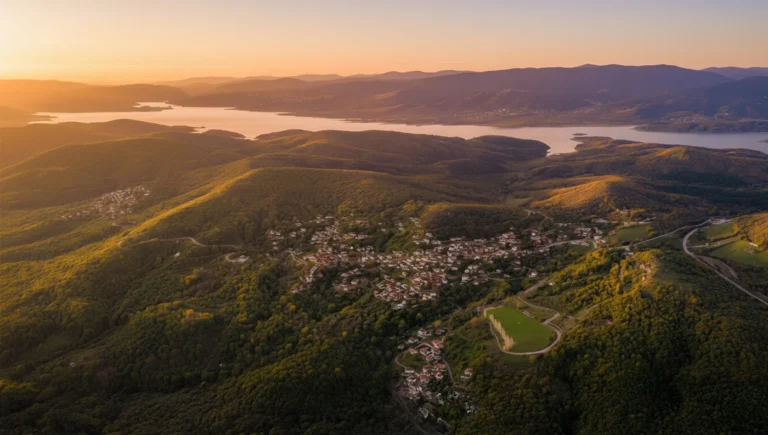 Εναέρια λήψη (drone) που δείχνει το σχήμα της Λίμνης Πλαστήρα, περικυκλωμένη από τα βουνά των Αγράφων.