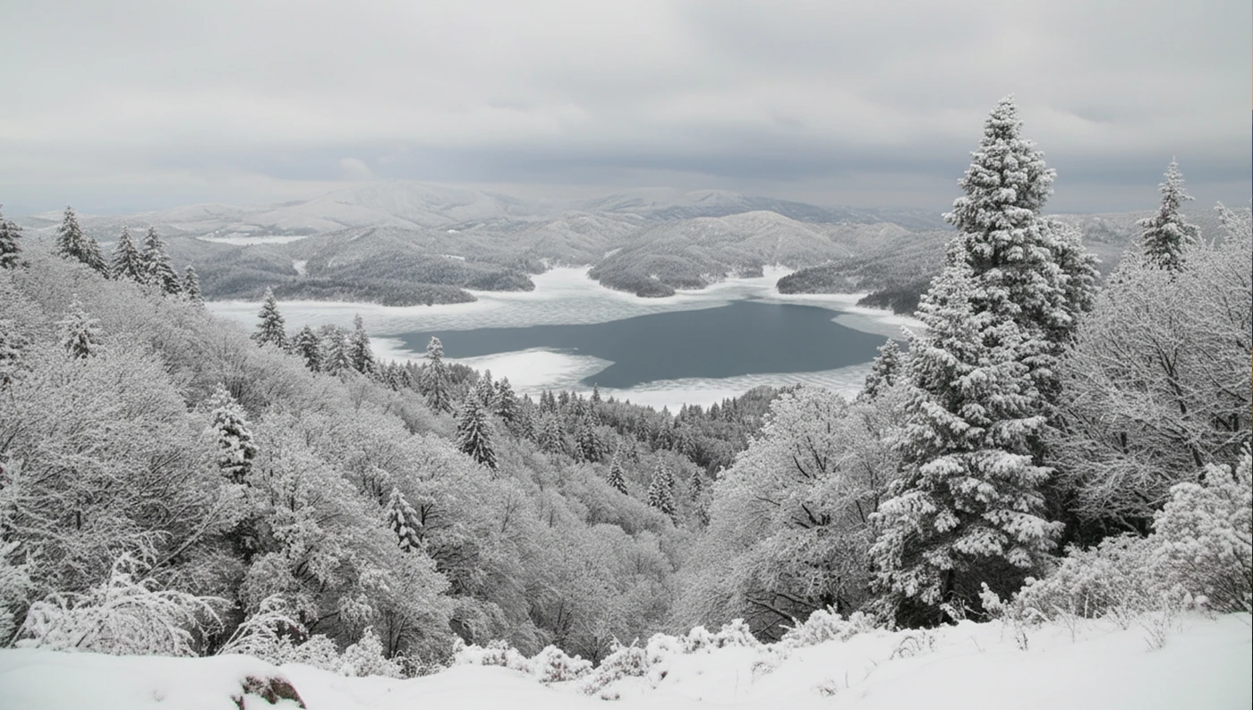 μονοήμερη λίμνη πλαστήρα Πανοραμική φωτογραφία της Λίμνης Πλαστήρα καλυμμένης με χιόνι, με τα δάση και τα βουνά των Αγράφων χιονισμένα.