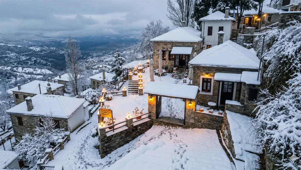Παραδοσιακό χωριό Μακρινίτσα Πηλίου χιονισμένο το χειμώνα με πέτρινα σπίτια και θέα στο βουνό.