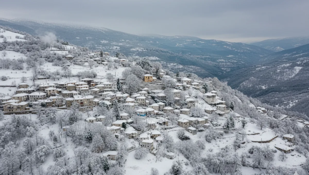 Πανοραμική άποψη του χωριού Μηλιές Πηλίου σκεπασμένο με χιόνι, με τα παραδοσιακά σπίτια και τα δέντρα καλυμμένα από την ομίχλη και το χιόνι.