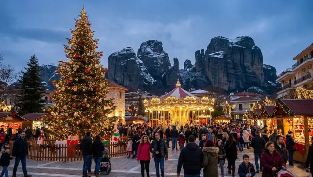 Ο φωταγωγημένος Μύλος των Ξωτικών στα Τρίκαλα σε χριστουγεννιάτικη ατμόσφαιρα, με τους επιβλητικούς βράχους των Μετεώρων να διακρίνονται στο βάθος.