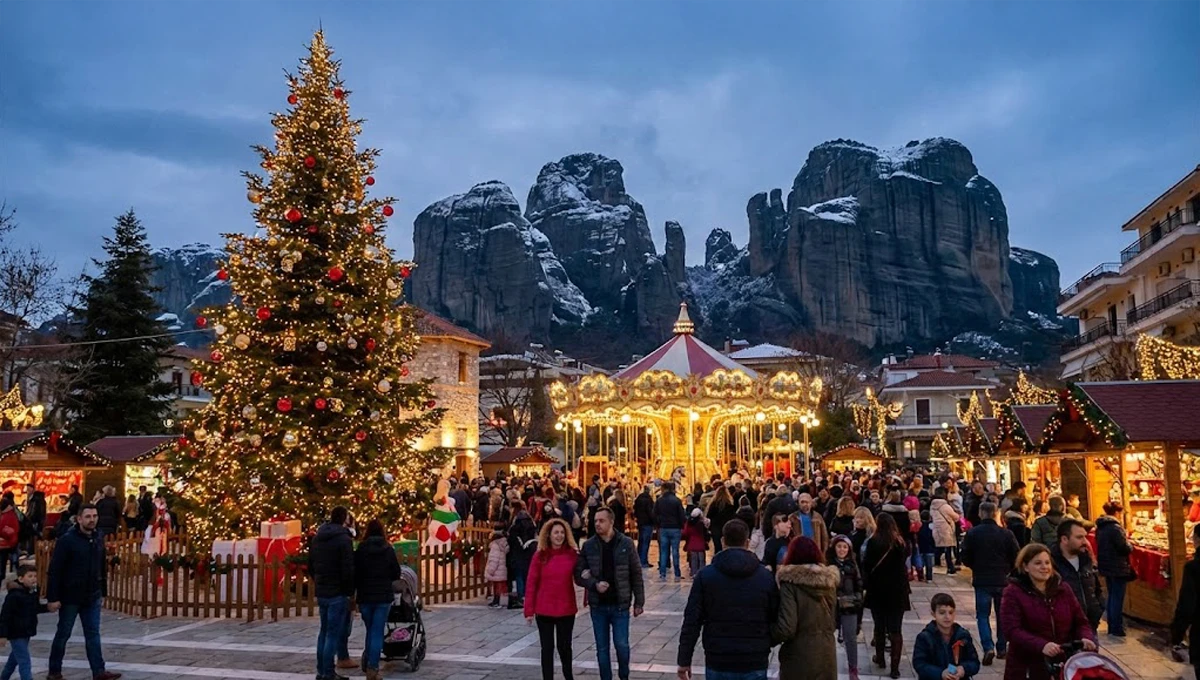 Ο φωταγωγημένος Μύλος των Ξωτικών στα Τρίκαλα σε χριστουγεννιάτικη ατμόσφαιρα, με τους επιβλητικούς βράχους των Μετεώρων να διακρίνονται στο βάθος.