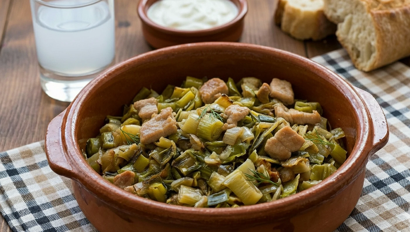 Παραδοσιακό πήλινο σκεύος με πρασοτηγανιά και ψημένα κομμάτια χοιρινού κρέατος, σερβιρισμένο σε ξύλινο τραπέζι με ούζο και ψωμί.