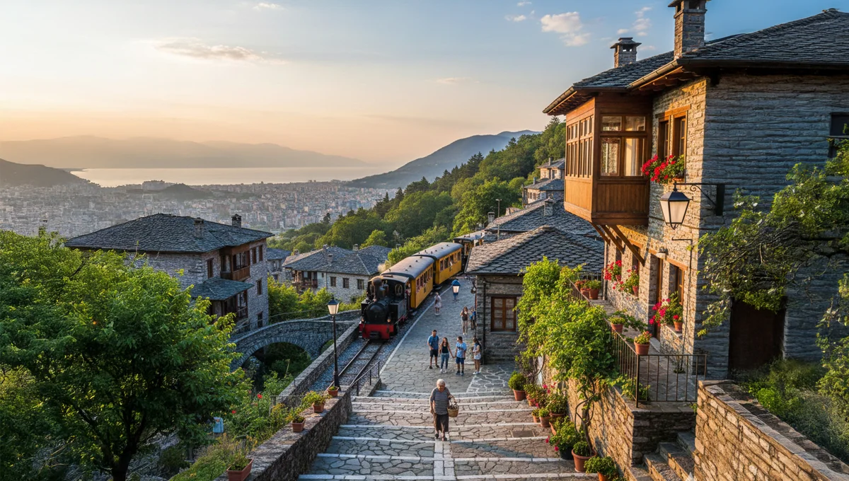 Το τρένο του Πηλίου (Μουτζούρης) σε πέτρινη γέφυρα, με θέα στον Βόλο και τον Παγασητικό Κόλπο, ανάμεσα σε παραδοσιακά σπίτια.