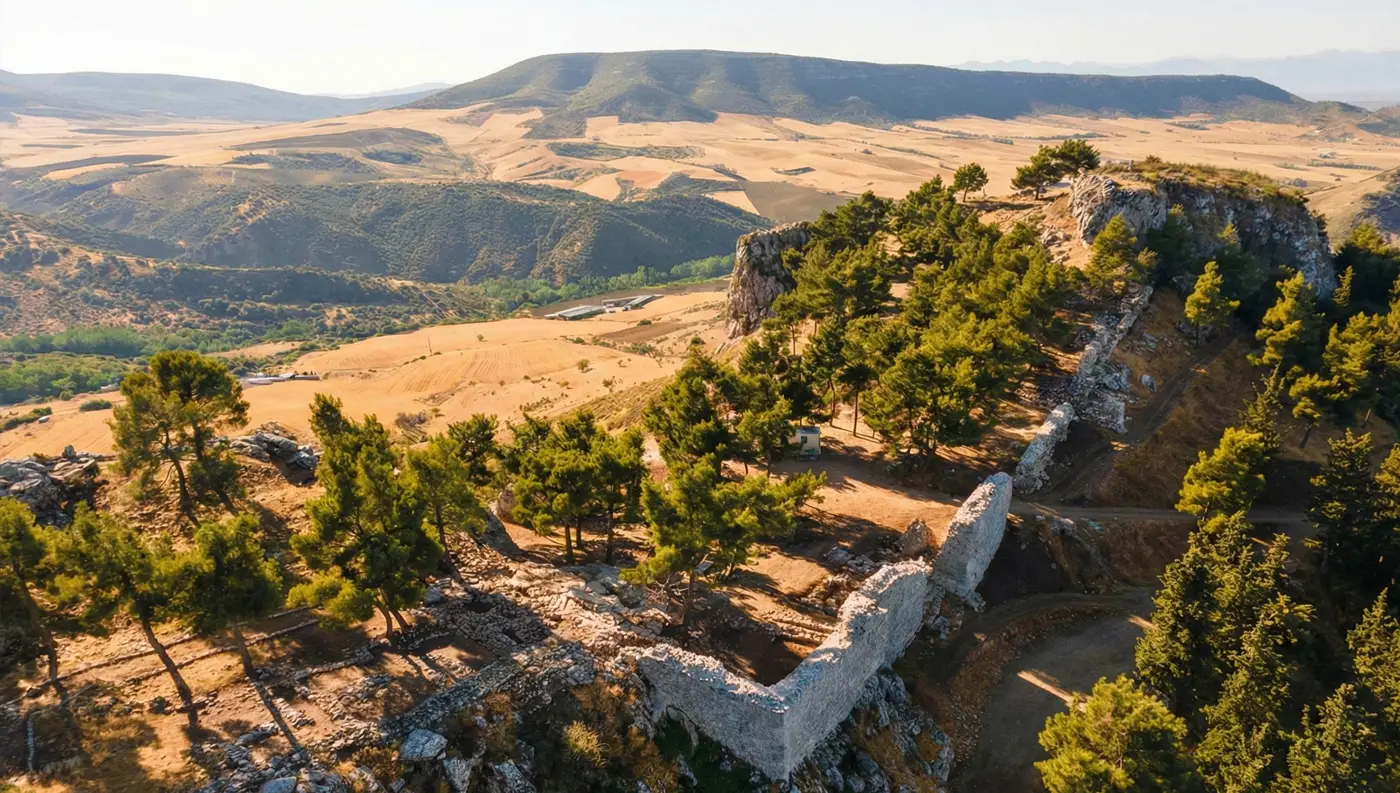 Η εντυπωσιακή Ακρόπολη και τα αρχαία τείχη της Φαρσάλου στον λόφο του Προφήτη Ηλία.
