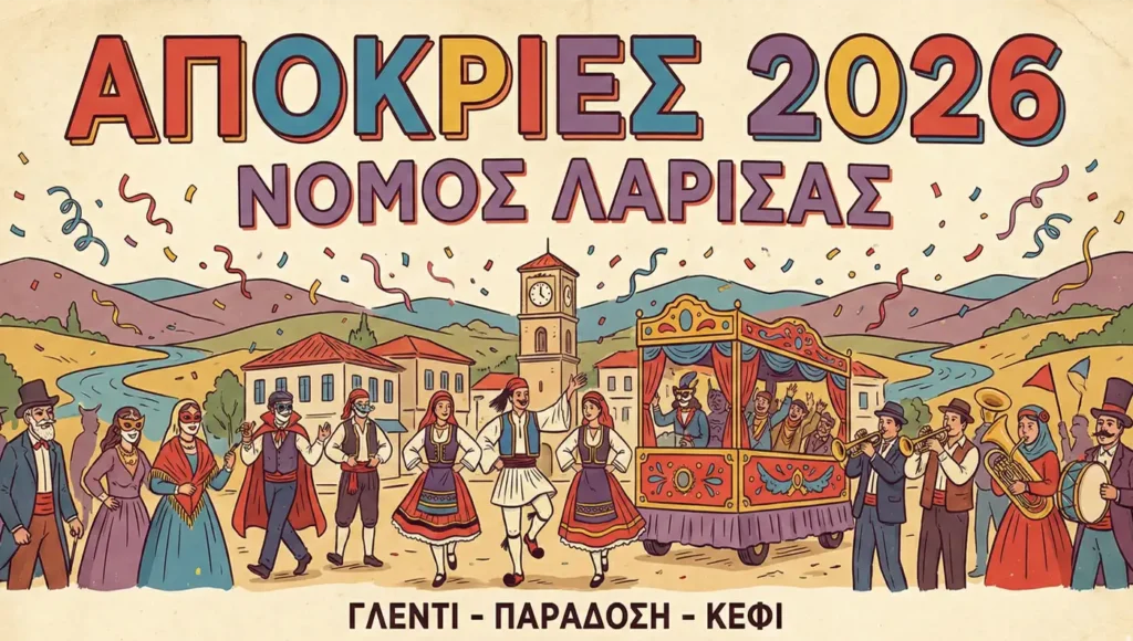 Εικονογραφημένη αφίσα για τις Απόκριες στον Νομό Λάρισας 2026 με παραδοσιακές φιγούρες και χάρτη.
