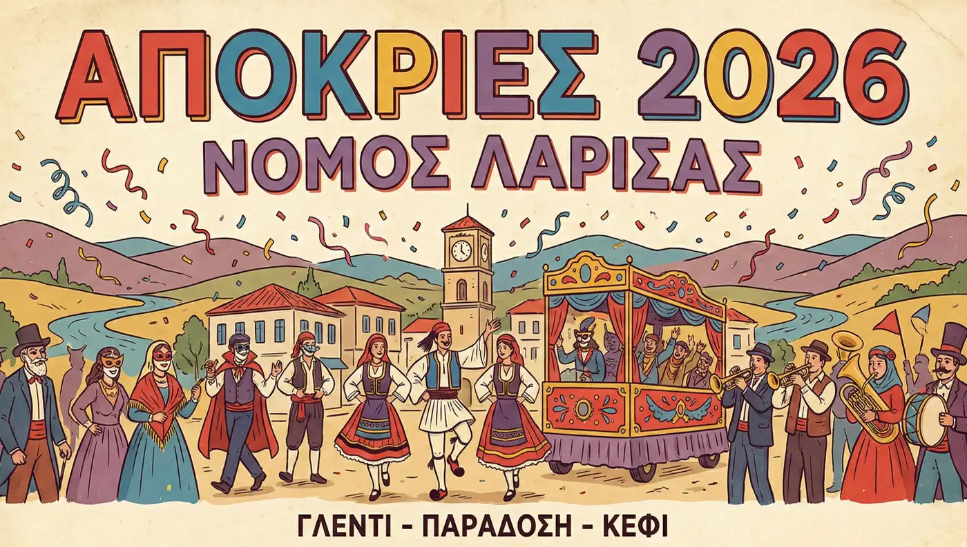 Εικονογραφημένη αφίσα για τις Απόκριες στον Νομό Λάρισας 2026 με παραδοσιακές φιγούρες και χάρτη.