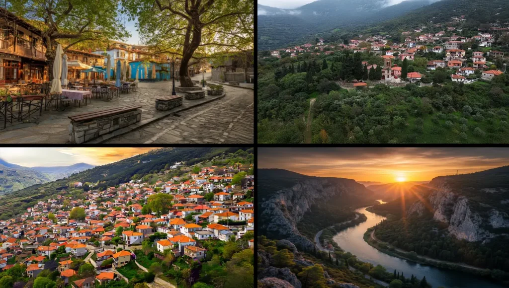 Πανοραμική θέα παραδοσιακού οικισμού στον Δήμο Τεμπών, με φόντο το καταπράσινο φυσικό τοπίο.