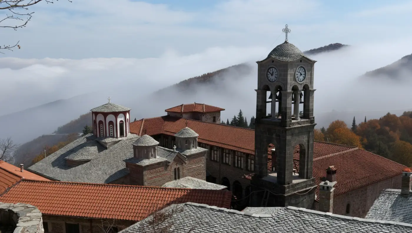 Πανοραμική άποψη της Ιεράς Μονής Κορώνης στην Καρδίτσα με το πέτρινο καμπαναριό και ομίχλη στα βουνά των Αγράφων.
