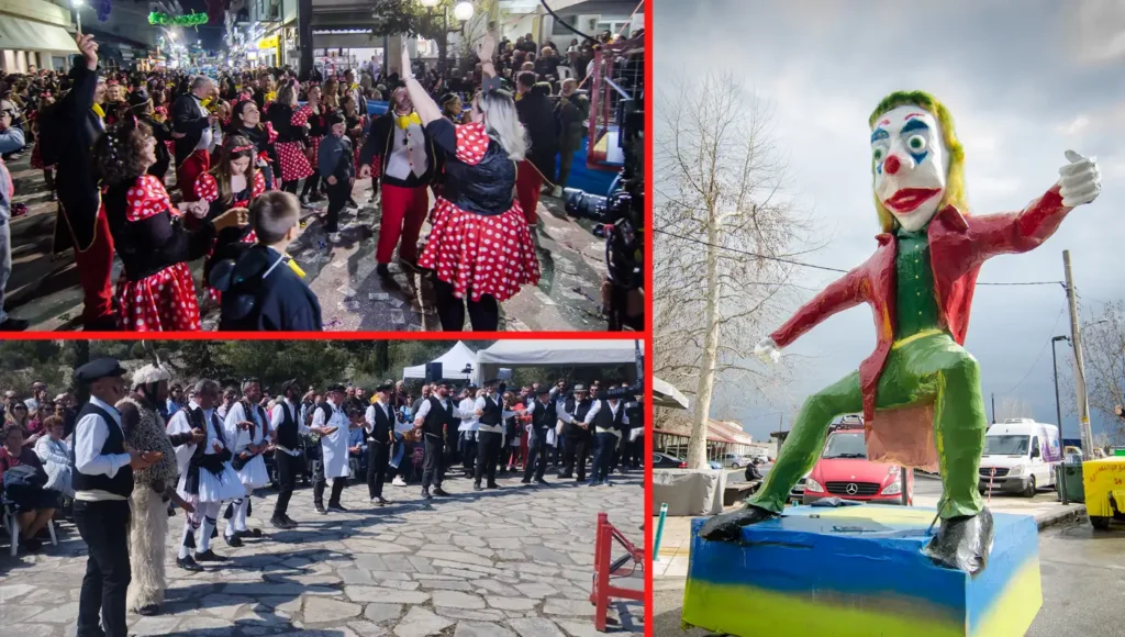 Σύνθεση εικόνων από το Καρναβάλι Τυρνάβου: Αριστερά η μεγάλη παρέλαση αρμάτων και δεξιά η αναβίωση του εθίμου Μπουρανί στο καζάνι