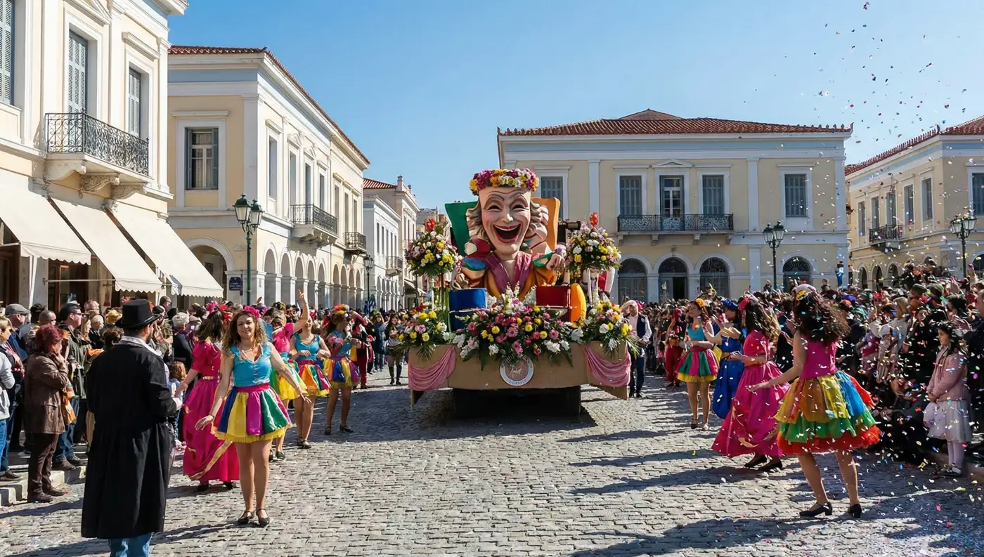 Αποκριάτικη παρέλαση στο Βελεστίνο Μαγνησίας με άρματα και κόσμο.