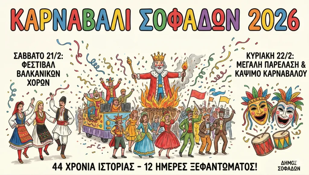 Πολύχρωμα άρματα και καρναβαλιστές κατά τη διάρκεια της μεγάλης παρέλασης στο Καρναβάλι Σοφάδων.