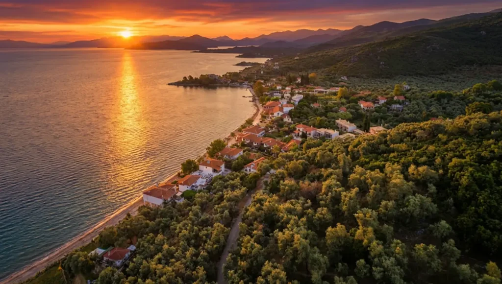 Το γραφικό παραθαλάσσιο μέτωπο στο Λεφόκαστρο του Νοτίου Πηλίου, με παραδοσιακά σπίτια και καταγάλανα νερά.