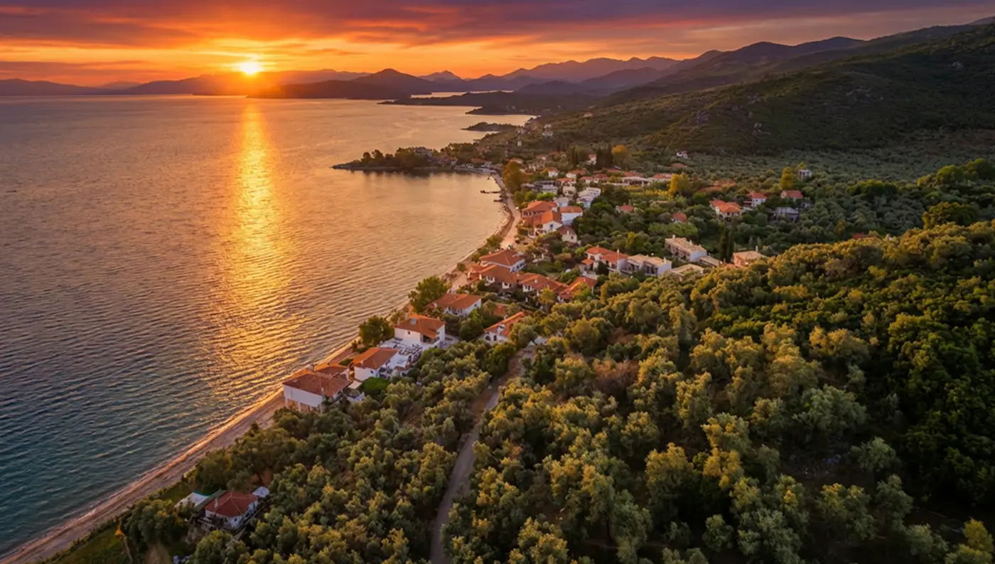 Το γραφικό παραθαλάσσιο μέτωπο στο Λεφόκαστρο του Νοτίου Πηλίου, με παραδοσιακά σπίτια και καταγάλανα νερά.