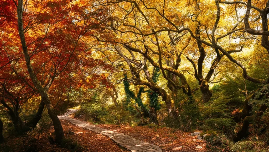 Πλακόστρωτο Μονοπάτι του Ασκληπιού στο Γοργογύρι Τρικάλων δίπλα στο ποτάμι με πλατάνια.