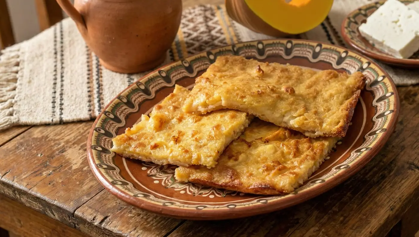 Κομμάτια από παραδοσιακή θεσσαλική μπατζίνα με κολοκύθι και φέτα, ψημένη σε ρηχό ταψί.