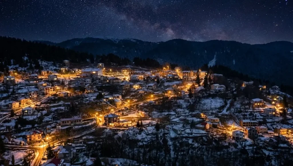 Χιονισμένο τοπίο στο Νεραϊδοχώρι Τρικάλων με πέτρινα σπίτια και ελατοδάσος στην ομίχλη.