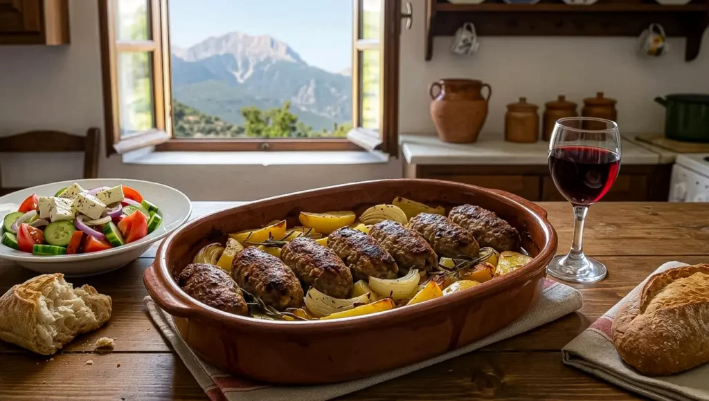 Παραδοσιακά σουτζουκάκια Ολύμπου ψημένα στο φούρνο με πατάτες και μυρωδικά.