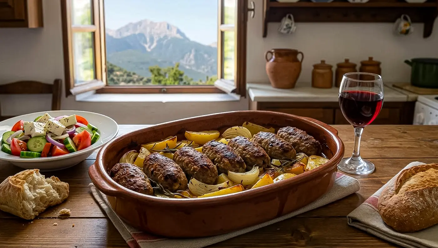 Παραδοσιακά σουτζουκάκια Ολύμπου ψημένα στο φούρνο με πατάτες και μυρωδικά.