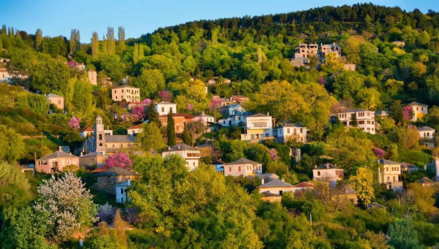 Πανοραμική θέα του παραδοσιακού οικισμού Άγιος Γεώργιος Νηλείας στο Πήλιο, χτισμένου μέσα στο δάσος με θέα τη θάλασσα.