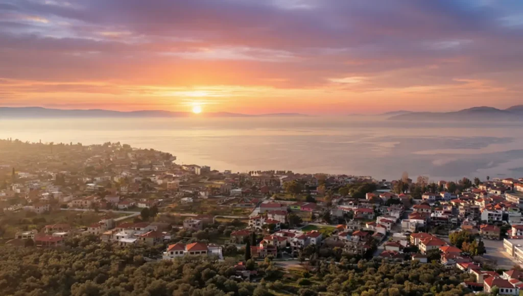 Πανοραμική άποψη της παραλιακής ζώνης στην Αγριά Βόλου με φόντο τον Παγασητικό.