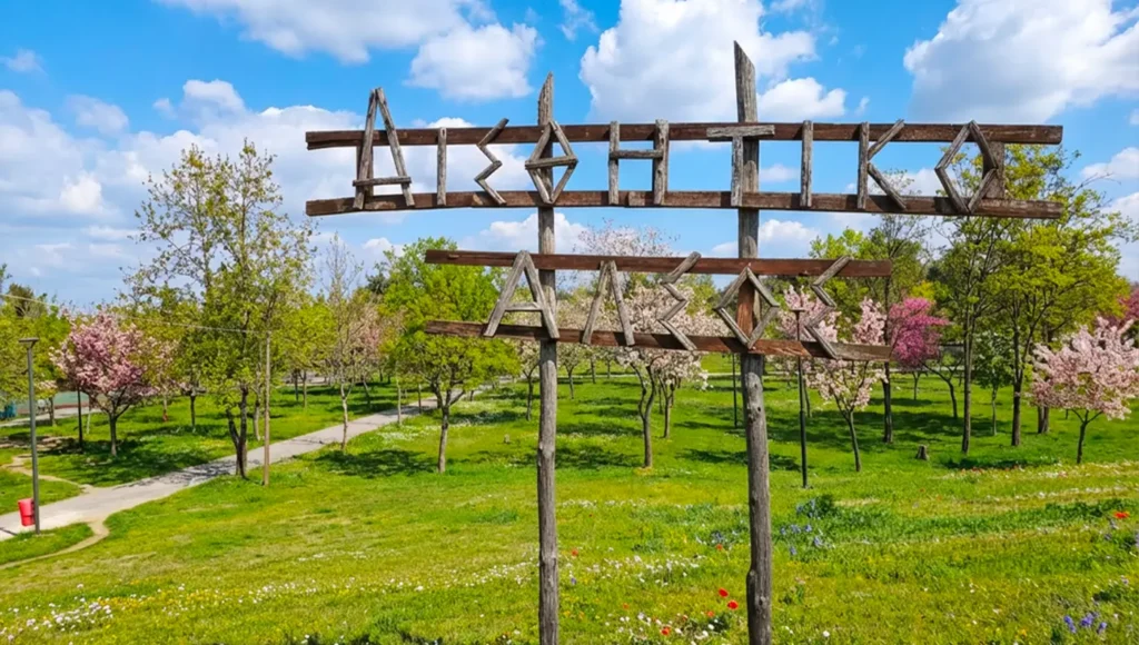 Καταπράσινα ψηλά δέντρα και μονοπάτια για περπάτημα στο Αισθητικό Άλσος της Λάρισας.