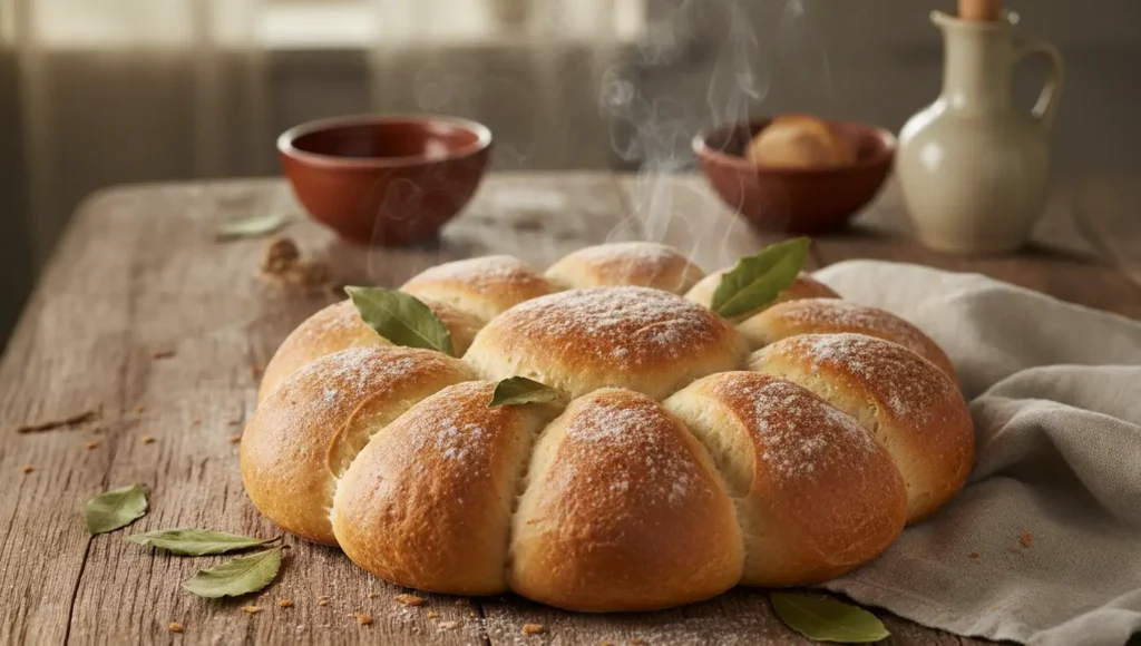 Παραδοσιακή στρογγυλή κουλούρα από φτασμίτικο (εφτάζυμο) ψωμί στολισμένο με φύλλα δάφνης.