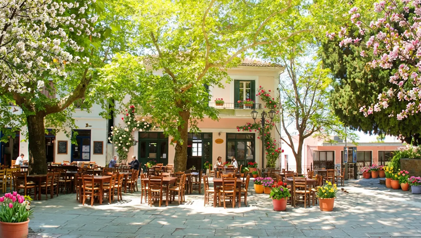 Η γραφική πλατεία του Λαύκου στο Νότιο Πήλιο με τα πλατάνια και το ιστορικό Καφενείο του Φορλίδα.