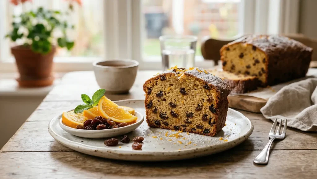 Ένα λαχταριστό, αφράτο κομμάτι νηστίσιμο κέικ με σταφίδες και άρωμα πορτοκαλιού σερβιρισμένο σε πιάτο.