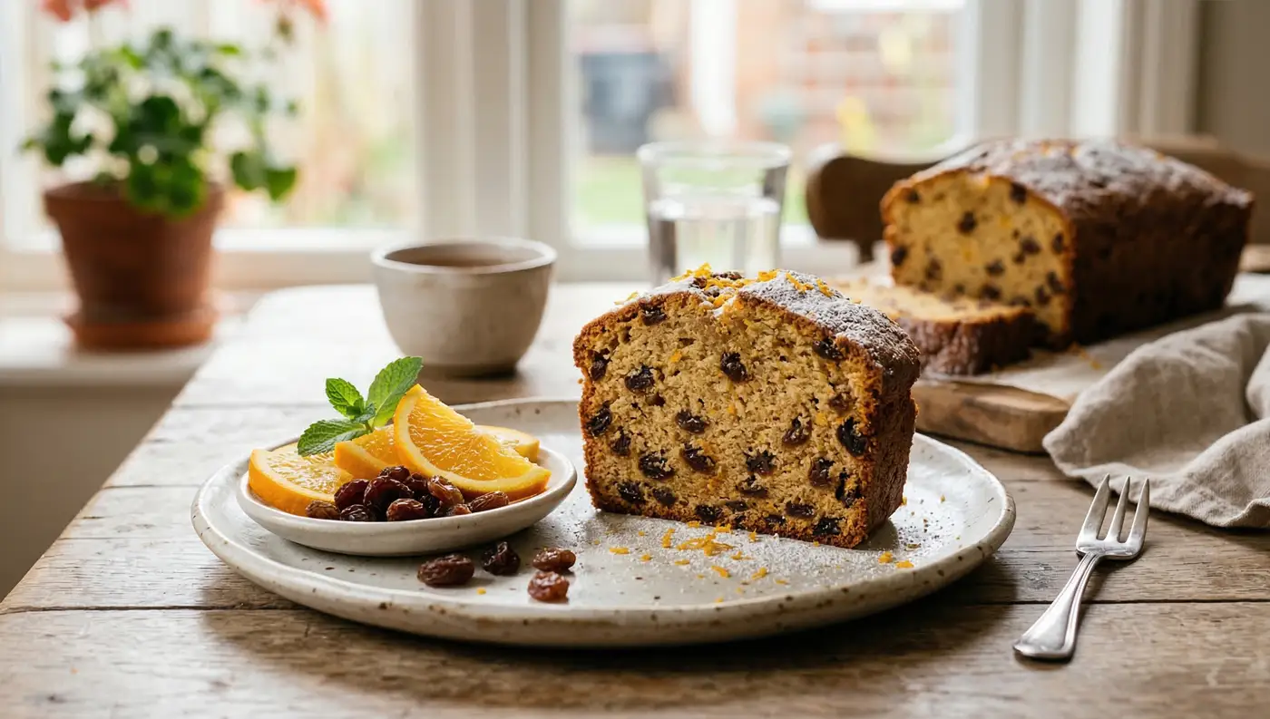 Ένα λαχταριστό, αφράτο κομμάτι νηστίσιμο κέικ με σταφίδες και άρωμα πορτοκαλιού σερβιρισμένο σε πιάτο.