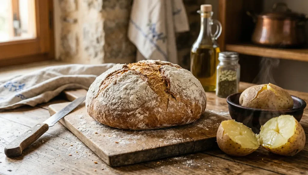 Φρεσκοψημένο παραδοσιακό πατατόψωμο κομμένο σε φέτες πάνω σε ξύλινο πάγκο.