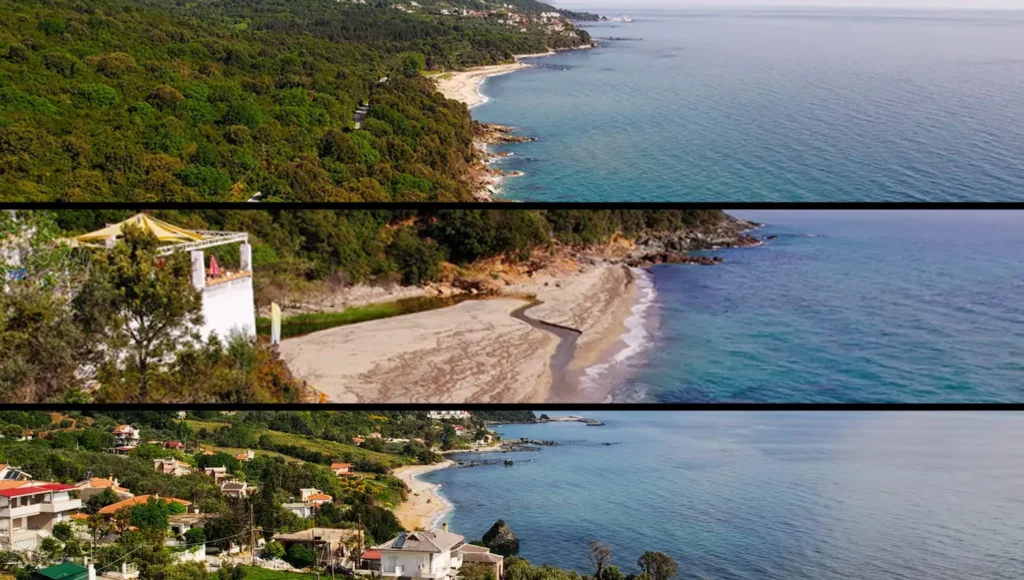 Πανοραμική λήψη της παρθένας παραλίας του Ρακοπόταμου στη Λάρισα με τα γαλαζοπράσινα νερά και το καταπράσινο δάσος.